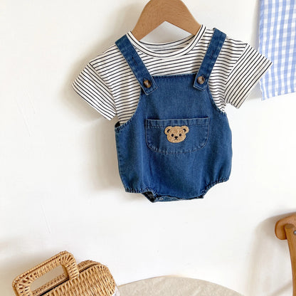 Unisex Baby Striped T-Shirt and Denim Bear Romper Set - 2pc Summer Toddler Outfit (3M-3T)