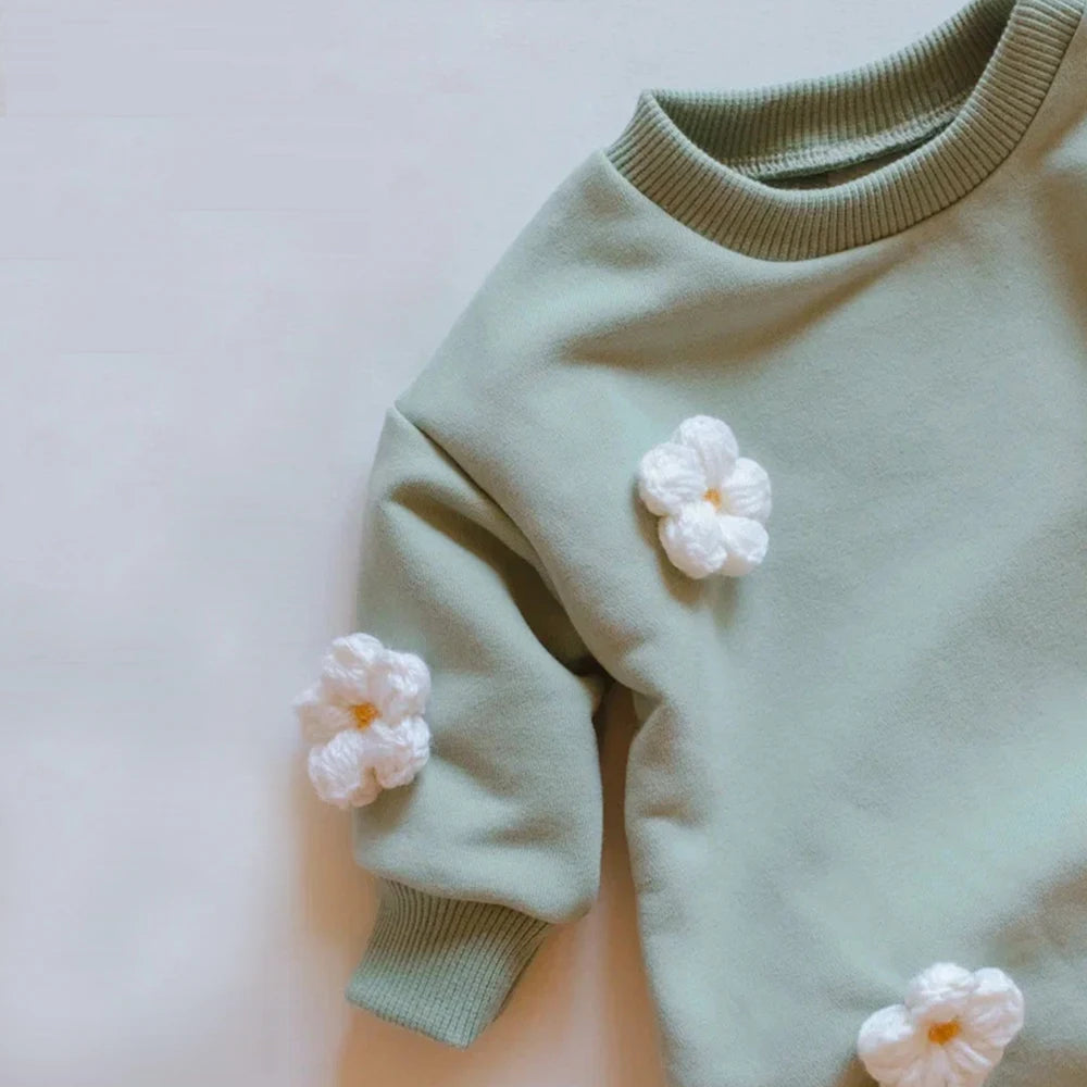Baby Cotton Sweatshirt Romper - 3D Cloud & Flower Applique (1-18M)