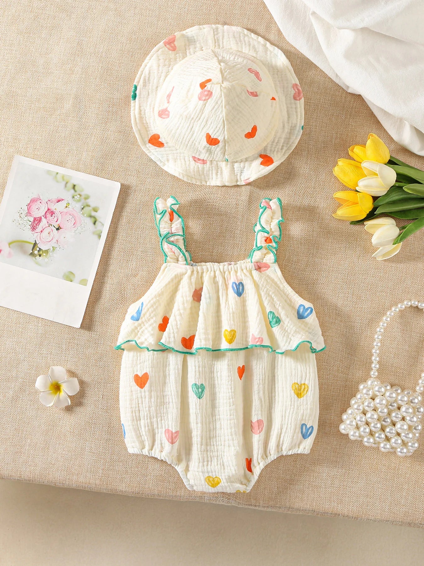 Baby Girl Muslin Cotton Heart Print Romper & Sun Hat Set - Ruffle Summer Bodysuit (3-18M)
