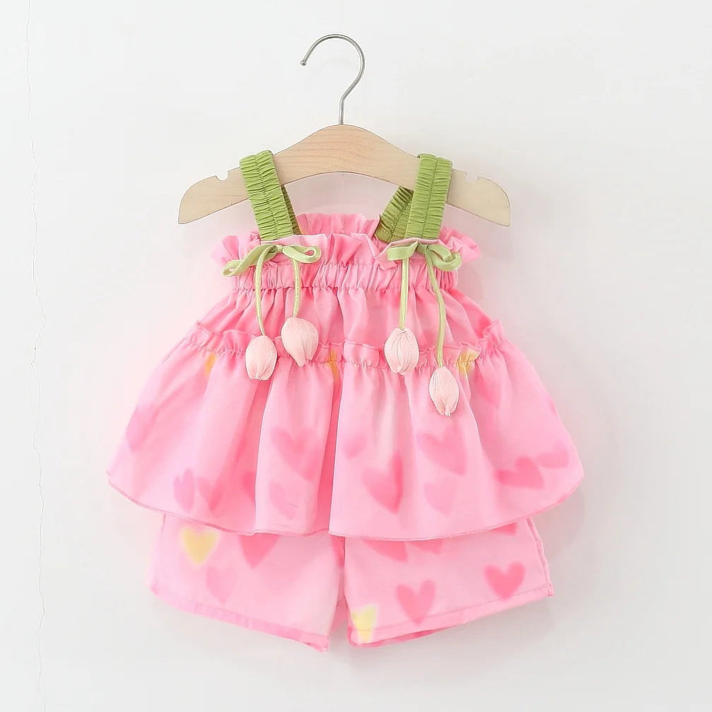 Toddler Girls' 2-Piece Summer Outfit - Pink Heart Tulip Strap Top & Shorts Set (6M-4T)