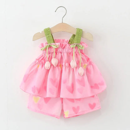 Toddler Girls' 2-Piece Summer Outfit - Pink Heart Tulip Strap Top & Shorts Set (6M-4T)