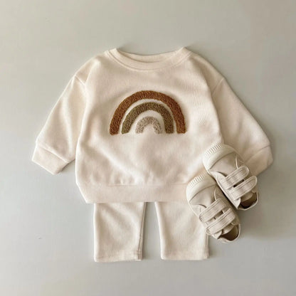 Unisex Baby 2-Piece Set - Textured Rainbow Sweatshirt & Pants - Combed Cotton Knit Outfit (6M-3T)