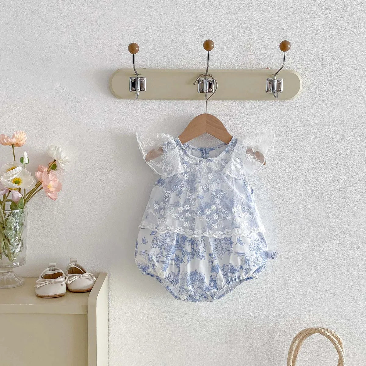 Baby Girl Floral Mesh Romper - Blue Toile Flying Sleeve Summer Jumpsuit (3-18M)