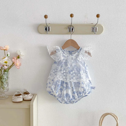 Baby Girl Floral Mesh Romper - Blue Toile Flying Sleeve Summer Jumpsuit (3-18M)