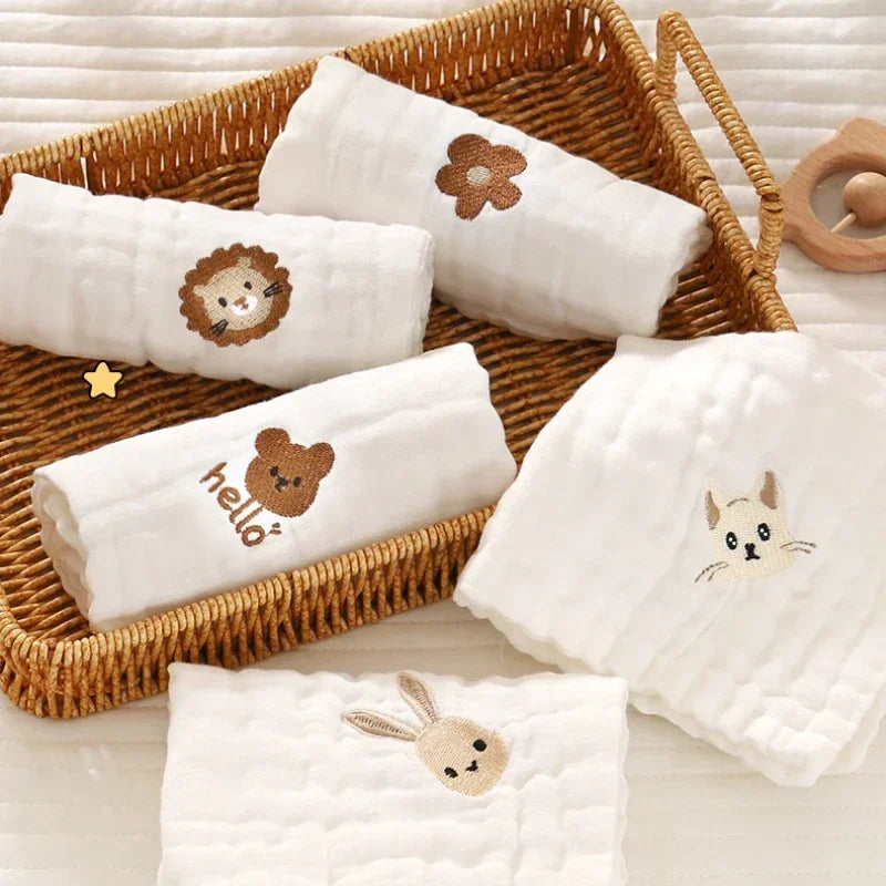 6-Layer Combed Cotton Muslin Washcloths – Ultra Soft & Embroidered (12" x 12")