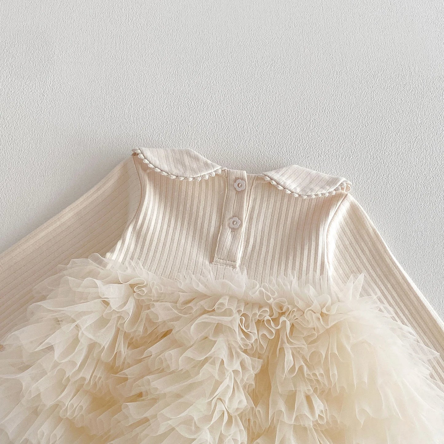 Baby Girl Princess Tulle Dress Bodysuit - Cream Peter Pan Collar Romper with Gold Crown (3-24M)