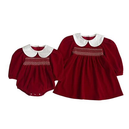 Toddler Girl Red Christmas Dress | Smocked Holiday Outfit with Collar (2-6T)