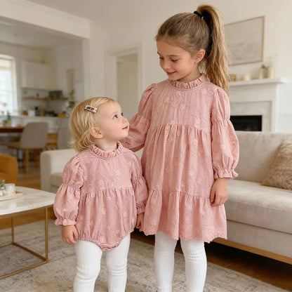 Toddler & Girls Pink Floral Embroidered Long Sleeve Tiered Dress (2T-6T)