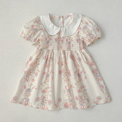 Pink Floral Smocked Sister Matching Outfits - Puff Sleeve Cotton Romper & Princess Dress (3M-6T)