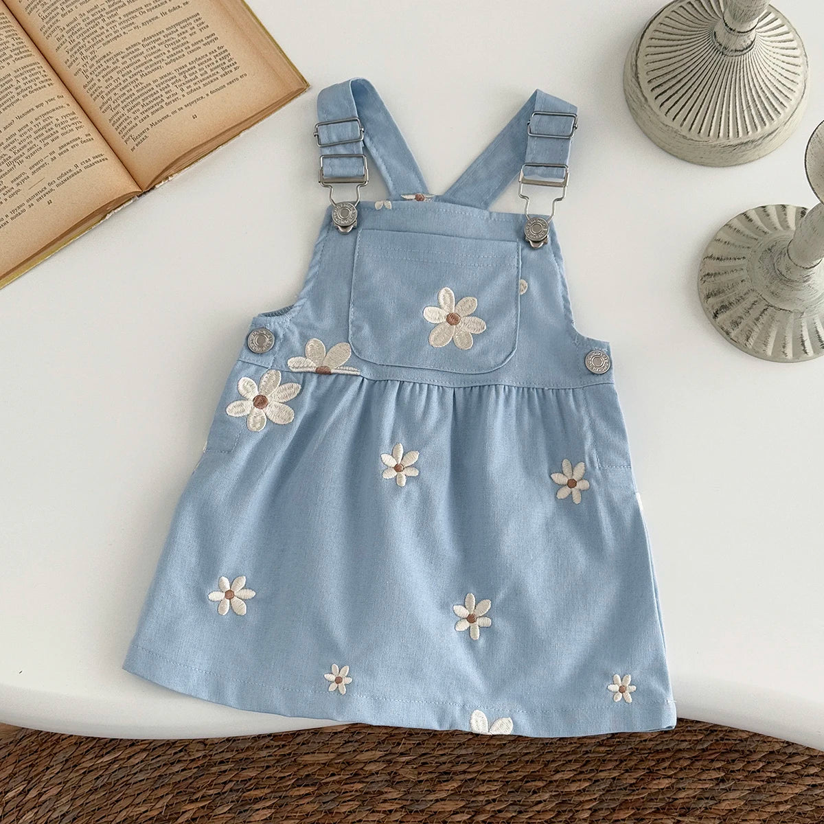 Baby Girl Daisy Embroidered Overall Dress | Toddler Blue Cotton Summer Jumper (6M-3T)