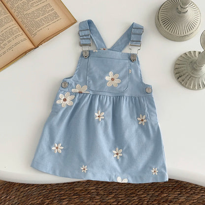 Baby Girl Daisy Embroidered Overall Dress | Toddler Blue Cotton Summer Jumper (6M-3T)