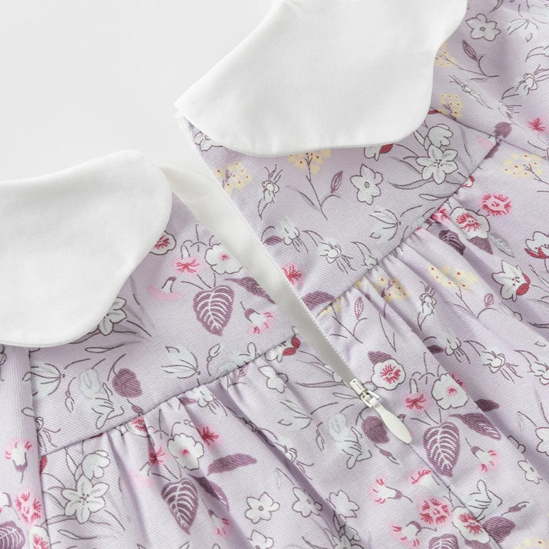 Girls Floral Embroidery 100% Cotton Long Sleeve Dress - Peter Pan Collar A-Line (Size 18M-9Y)