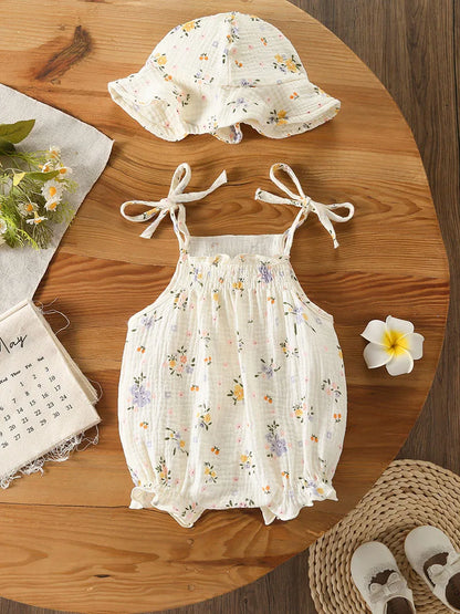 Baby Girl Muslin Cotton Romper & Sun Hat Set - Floral 2-Piece Summer Bodysuit (3-18M)