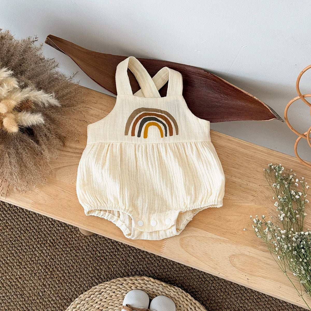 Boho Rainbow Baby Romper - Soft Viscose Muslin Bodysuit - Earth Tone Sleeveless Sunsuit for Newborn & Infants (1-18M)