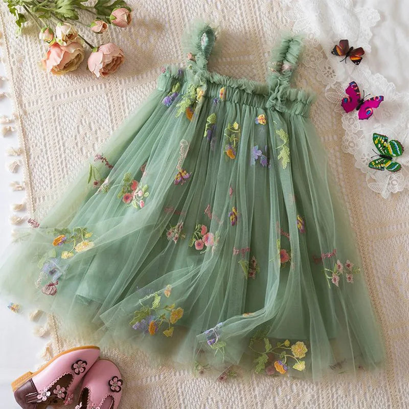 NEW 2026 Baby & Toddler Girls Fairy Floral Embroidered Mesh Tutu Dress - Sage Green Princess Sling Dress (9M-5T)