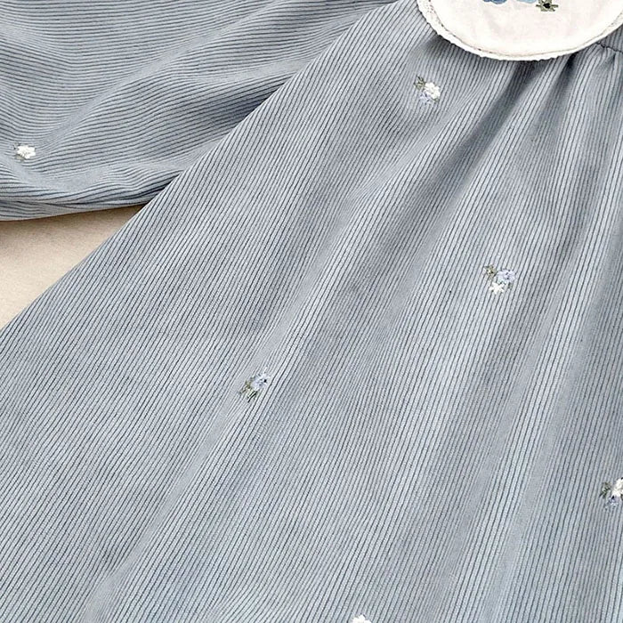 Sister Matching Floral Outfits: Blue Corduroy Embroidered Baby Romper & Girls Princess Dress - Coordinated Sister Boutique Set