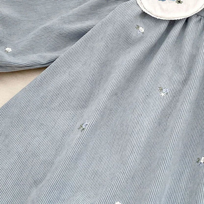 Sister Matching Floral Outfits: Blue Corduroy Embroidered Baby Romper & Girls Princess Dress - Coordinated Sister Boutique Set