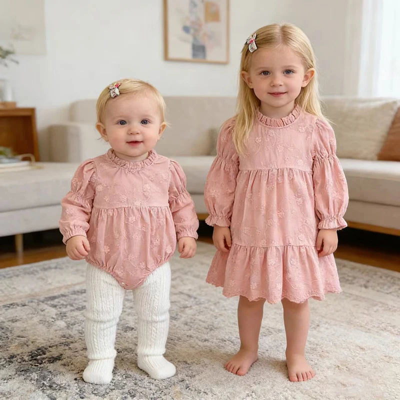 Toddler & Girls Pink Floral Embroidered Long Sleeve Tiered Dress (2T-6T)