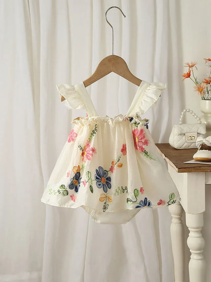 Baby Girl Floral Embroidery Summer Romper Dress - Sleeveless Cotton Bodysuit (3-24M)