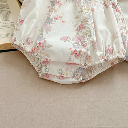 Pink Floral Smocked Sister Matching Outfits - Puff Sleeve Cotton Romper & Princess Dress (3M-6T)