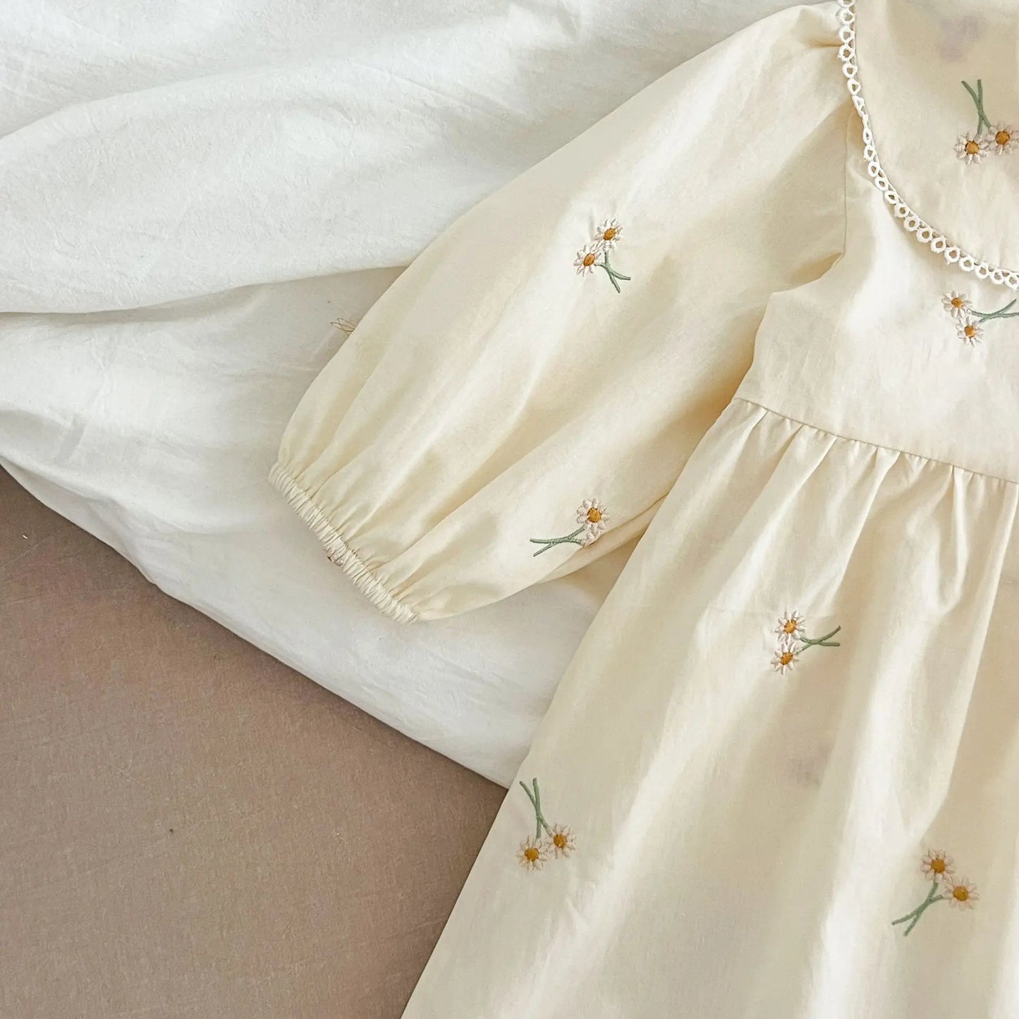 Baby Girl Cream Floral Cotton Dress - Long Sleeve Spring Princess Party Dress (2T-6T)