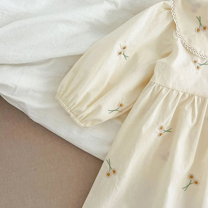 Baby Girl Cream Floral Cotton Dress - Long Sleeve Spring Princess Party Dress (2T-6T)