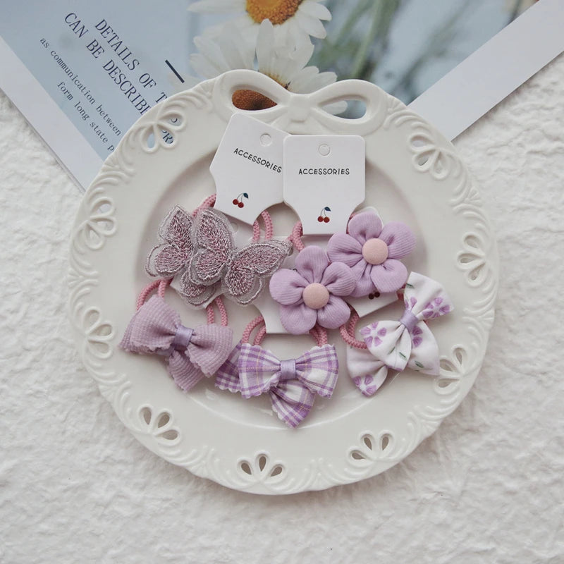 10Pcs Girls Flower & Butterfly Hair Ties - Cute Handmade Elastic Hairbands Set