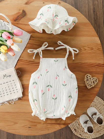 Baby Girl Muslin Cotton Romper & Sun Hat Set - Floral 2-Piece Summer Bodysuit (3-18M)