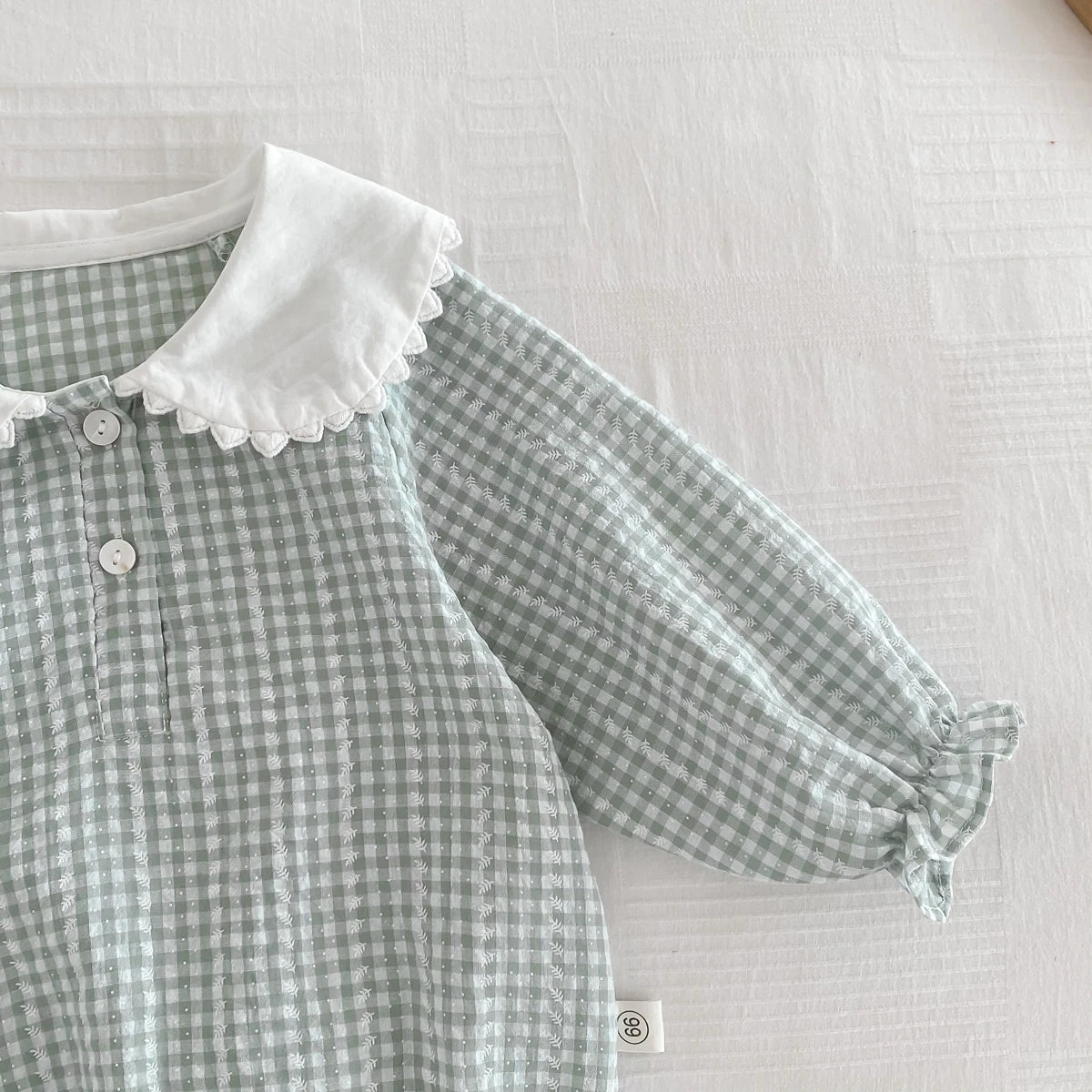 Newborn Baby Girl Sky Blue Gingham Romper - Long Sleeve Peter Pan Collar Cotton Jumpsuit (0-12 Months)