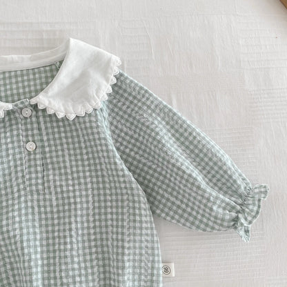 Newborn Baby Girl Sky Blue Gingham Romper - Long Sleeve Peter Pan Collar Cotton Jumpsuit (0-12 Months)