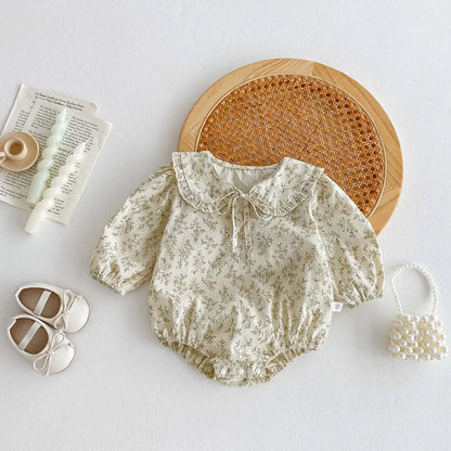 Baby Girl Floral Long Sleeve Bodysuit - Korean Style Peter Pan Collar Romper (0-24 Months)