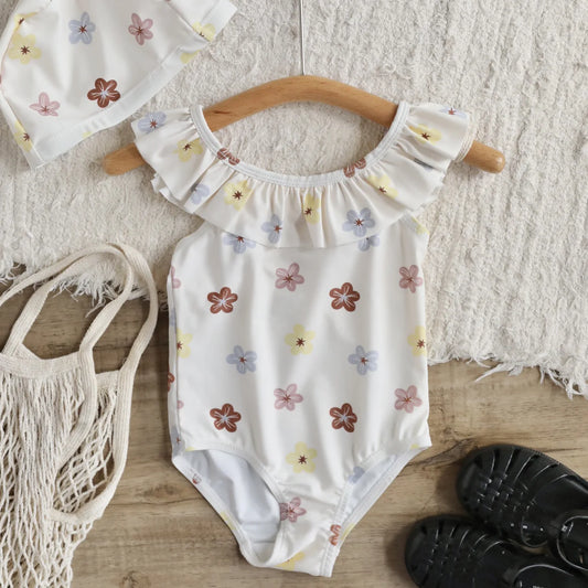 Girl's Ruffle One-Piece Floral Swimsuit with Swim Cap| Quick-Dry Summer Bathing Suit (12M-7Y)