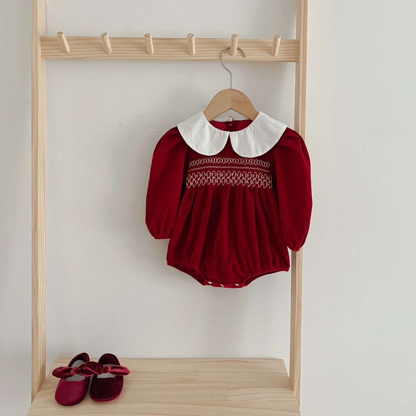 Baby Girl Red Christmas Bubble Romper | Smocked Holiday Outfit with Collar (3-24M)