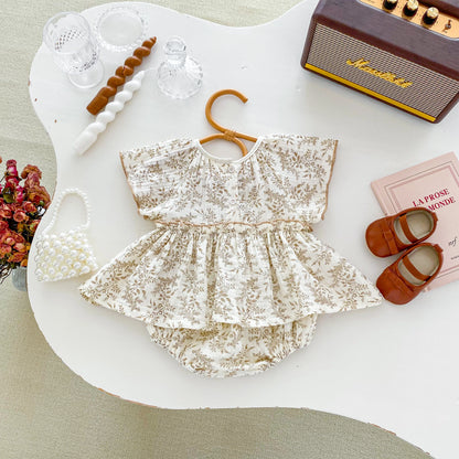 Vintage Sepia Floral Muslin Bubble Romper | Baby Girl Flutter Sleeve Top & Bloomers (3-24M)