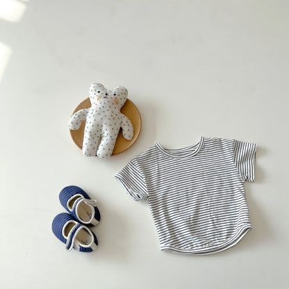 Unisex Baby Striped T-Shirt and Denim Bear Romper Set - 2pc Summer Toddler Outfit (3M-3T)