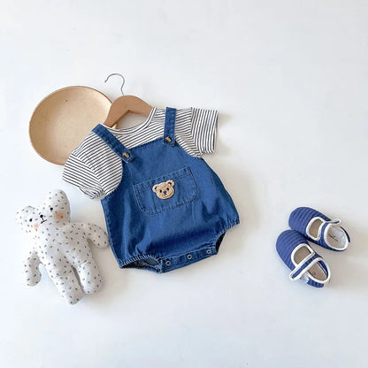 Unisex Baby Striped T-Shirt and Denim Bear Romper Set - 2pc Summer Toddler Outfit (3M-3T)