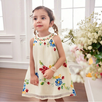 Embroidered Baby Girl Summer Dress - Floral Cotton Sleeveless A-Line Toddler Dress (6M - 4T)