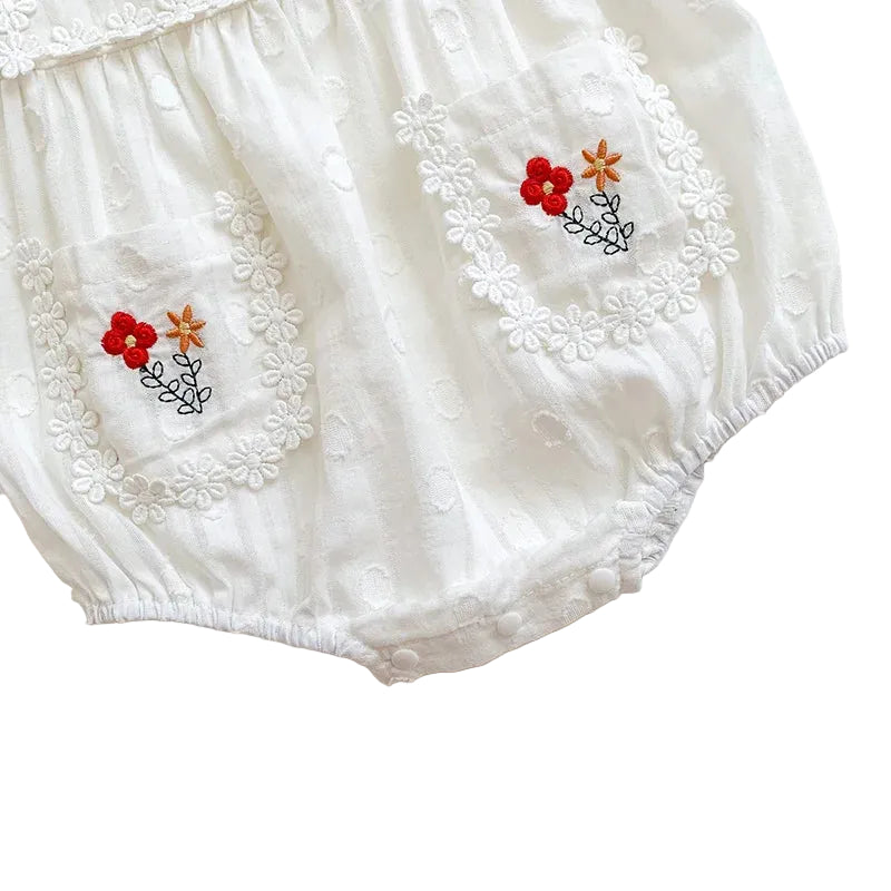 Embroidered Floral Flutter Sleeve Baby Romper – White Eyelet Cotton One-Piece (3M-24M)