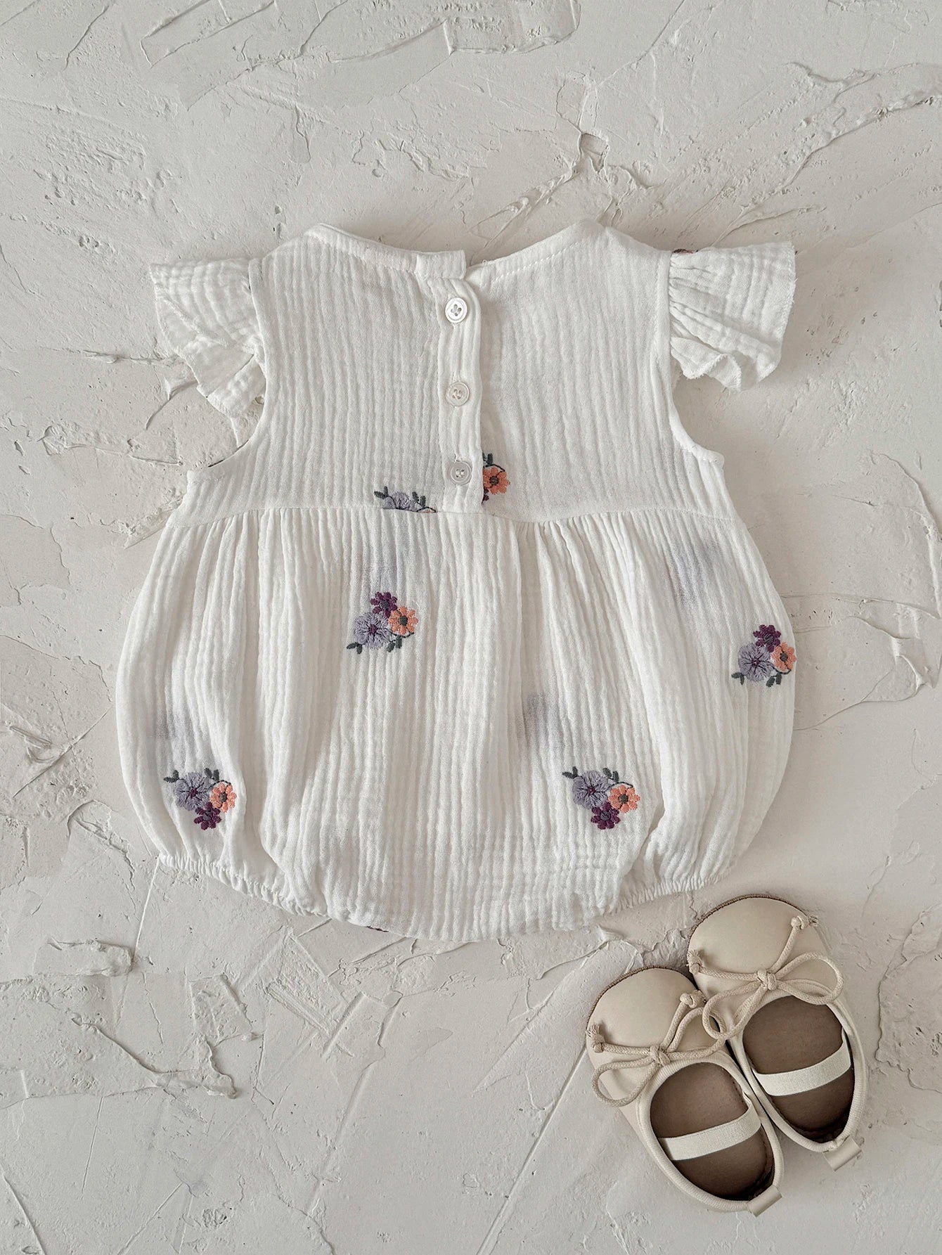 Summer Embroidered Floral Baby Romper - White Cotton Muslin Ruffle Sleeve Bodysuit (6-18M)