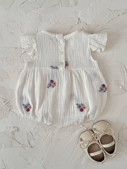 Summer Embroidered Floral Baby Romper - White Cotton Muslin Ruffle Sleeve Bodysuit (6-18M)