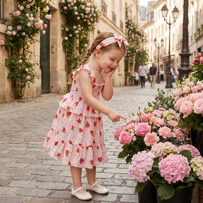 Baby & Toddler Girl Watermelon Floral Summer Dress - Smocked Tiered Ruffle Tank Dress with Matching Headband (12M-5T)