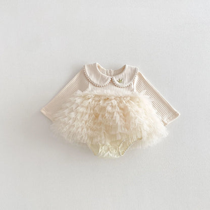 Baby Girl Princess Tulle Dress Bodysuit - Cream Peter Pan Collar Romper with Gold Crown (3-24M)