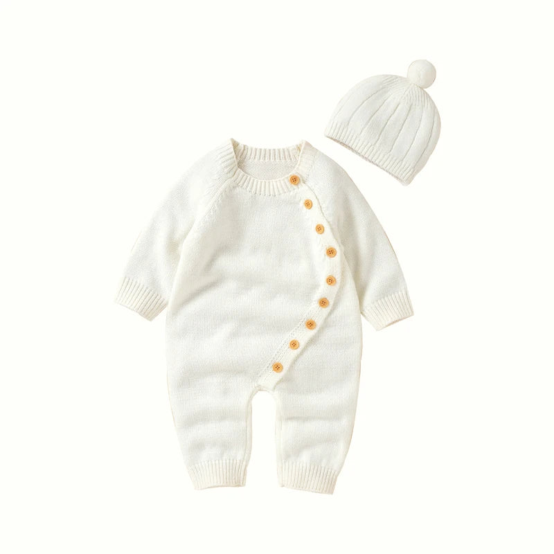Knitted Baby Romper & Hat Set - Soft Side-Button Jumpsuit (0-18M)