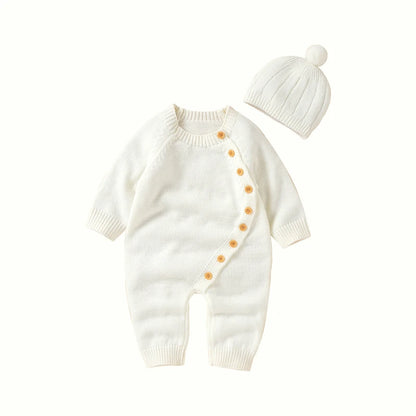 Knitted Baby Romper & Hat Set - Soft Side-Button Jumpsuit (0-18M)