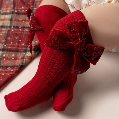Baby & Toddler Girls Christmas Velvet Bow Socks – Kids Festive Ribbed Knit Stockings (0–8 Years)