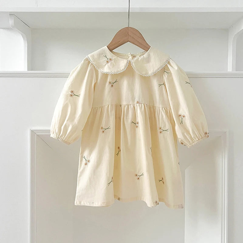 Baby Girl Cream Floral Cotton Dress - Long Sleeve Spring Princess Party Dress (2T-6T)