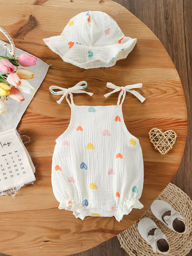 Baby Girl Muslin Cotton Romper & Sun Hat Set - Floral 2-Piece Summer Bodysuit (3-18M)