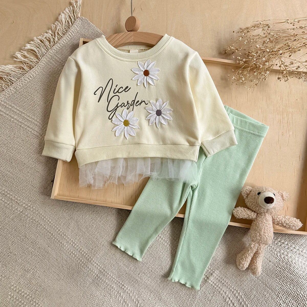 Baby Girl 2-Piece Spring Outfit | Daisy Embroidered Tulle Hem Top & Ribbed Leggings (6M-3T)