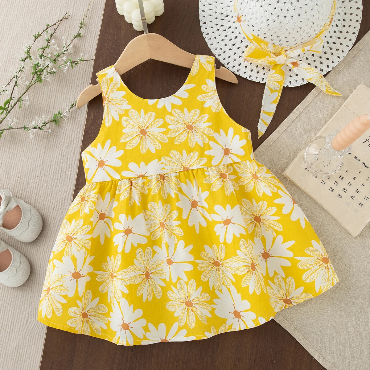 Toddler & Baby Girl Summer Daisy Print Beach Dress with Sun Hat & Bow Set (3M-3T)
