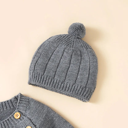 Knitted Baby Romper & Hat Set - Soft Side-Button Jumpsuit (0-18M)